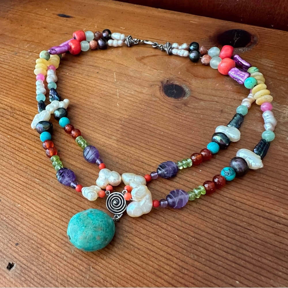 Maximalist Brightly Colored Gemstones Pearls 3D Multi-strand Necklace OOAK